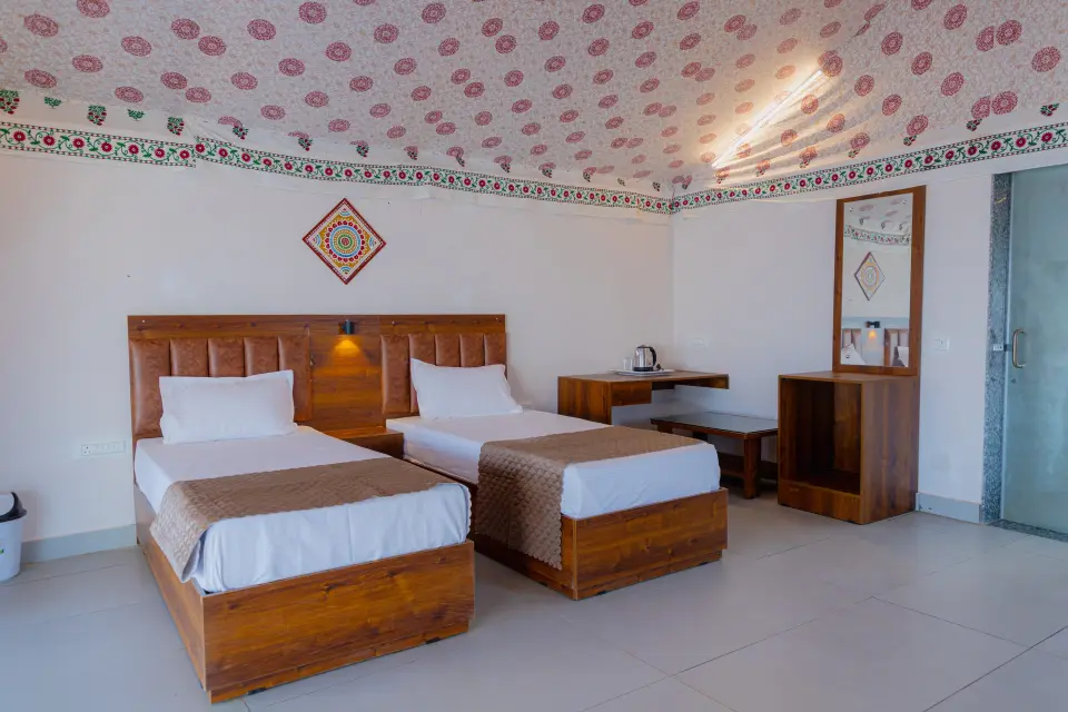 Grand Deluxe Twin Bed Tent interior at Road to Heaven Resort